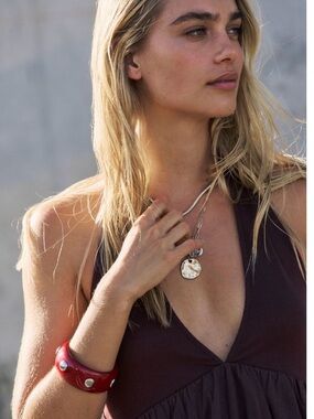 Free People September Fields Studded Bangle in Silver and Cranberry Red